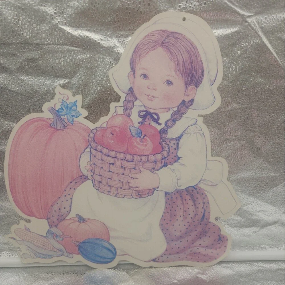 Die Cut Thanksgiving 2 Pilgrim Children VINTAGE Hanging Decoration Amscan 70s